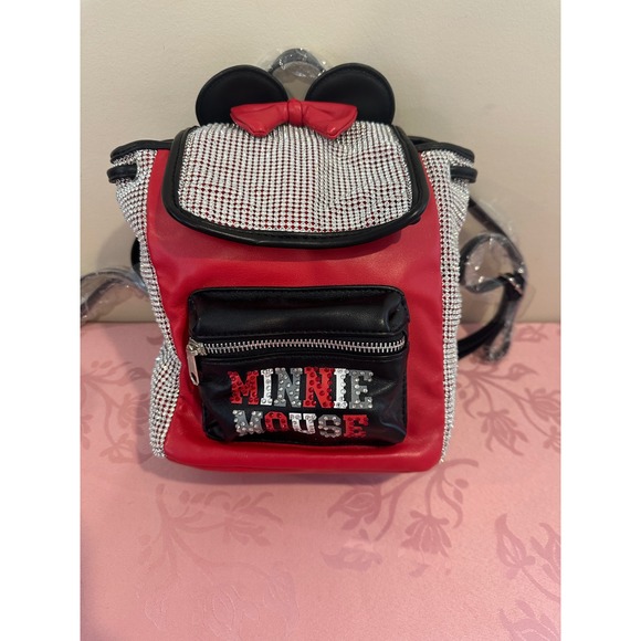 Disney Minnie Mouse Red Backpack Silver Rhinestone Sparkle Ears Bow NEW - Picture 1 of 8